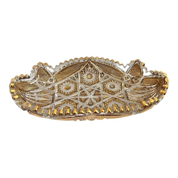 Vintage Clear & Gold Pressed Glass Oval Dish With Intricate Starburst & Geometri - Picture 6 of 10